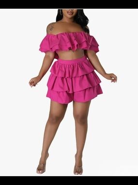 Ruffled Off-Shoulder Crop Top & Tiered Shorts Set - Magenta Pink